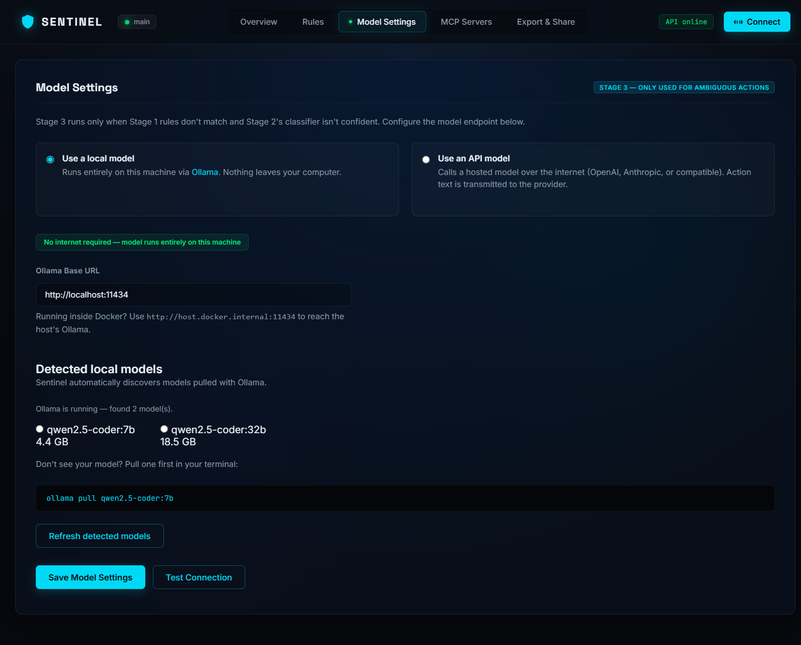 Model settings showing local Ollama model or API model choice